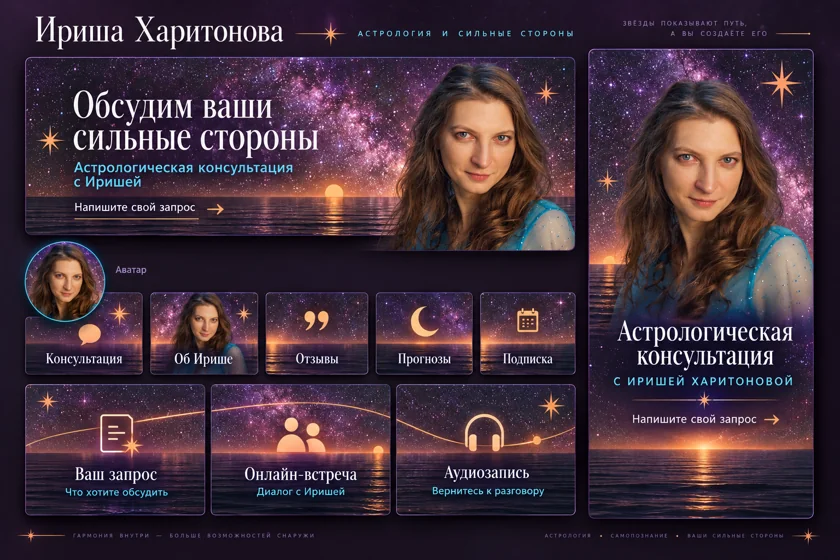 Концепция оформления сообщества: Астролог Ириша Харитонова. Обложки, меню, виджеты и аватар.