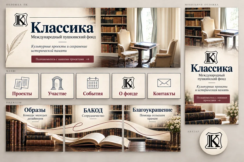 Концепция оформления сообщества: Международный пушкинский фонд «Классика». Обложки, меню, виджеты и аватар.