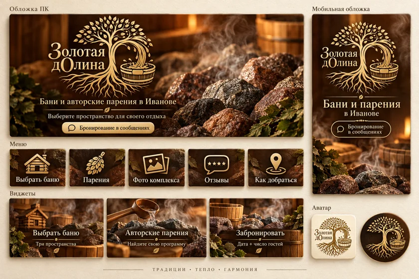 Концепция оформления сообщества: Банный комплекс «Золотая долина». Обложки, меню, виджеты и аватар.