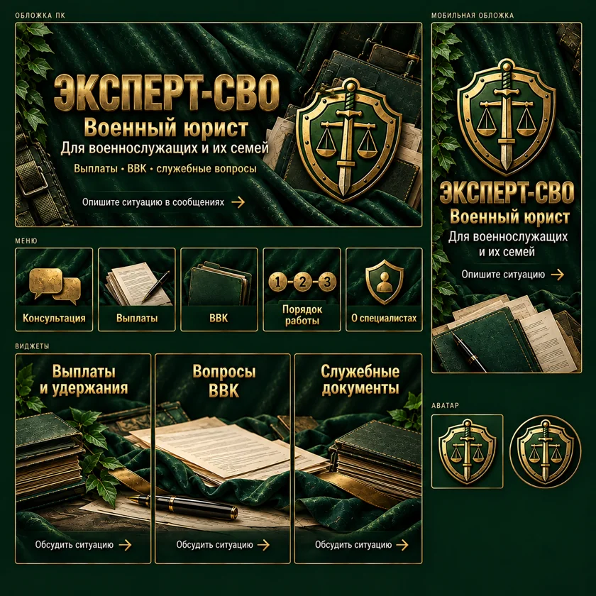 Концепция оформления сообщества: Военный юрист · «Эксперт-СВО». Обложки, меню, виджеты и аватар.