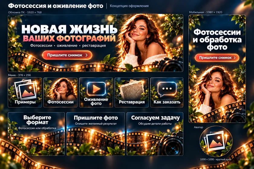 Концепция оформления сообщества: Фотосессии и обработка фотографий. Обложки, меню, виджеты и аватар.
