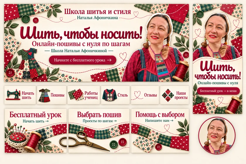 Концепция оформления сообщества: Школа шитья и стиля · Наталья Афоничкина. Обложки, меню, виджеты и аватар.