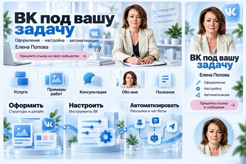 Концепция оформления сообщества: Оформление и настройка ВК · Елена Попова. Обложки, меню, виджеты и аватар.